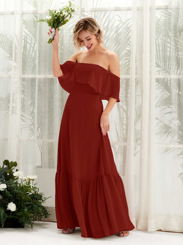 Carlyna Robe demoiselle d'honneur Trapèze Épaule Dénudée Longueur ras du sol Mousseline Rouille #couleur_rouille