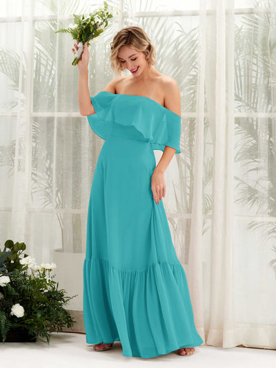 Carlyna Robe demoiselle d'honneur Trapèze Épaule Dénudée Longueur ras du sol Mousseline Turquoise #couleur_turquoise