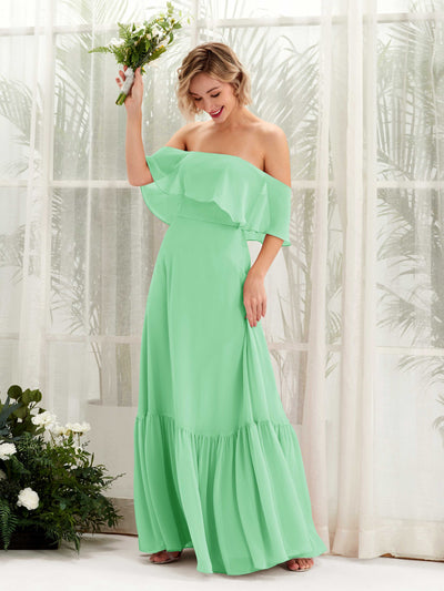 Carlyna Robe demoiselle d'honneur Trapèze Épaule Dénudée Longueur ras du sol Mousseline Vert Menthe #couleur_vert-menthe