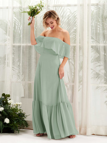 Carlyna Robe demoiselle d'honneur Trapèze Épaule Dénudée Longueur ras du sol Mousseline Vert Sauge Foncé #couleur_vert-sauge-fonc