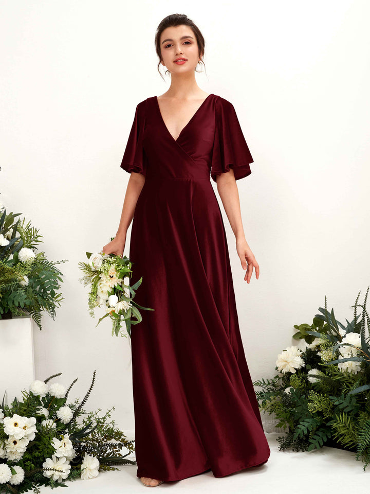 Carlyna Robe ras du sol encolure croisée manches papillon velours demoiselle d&