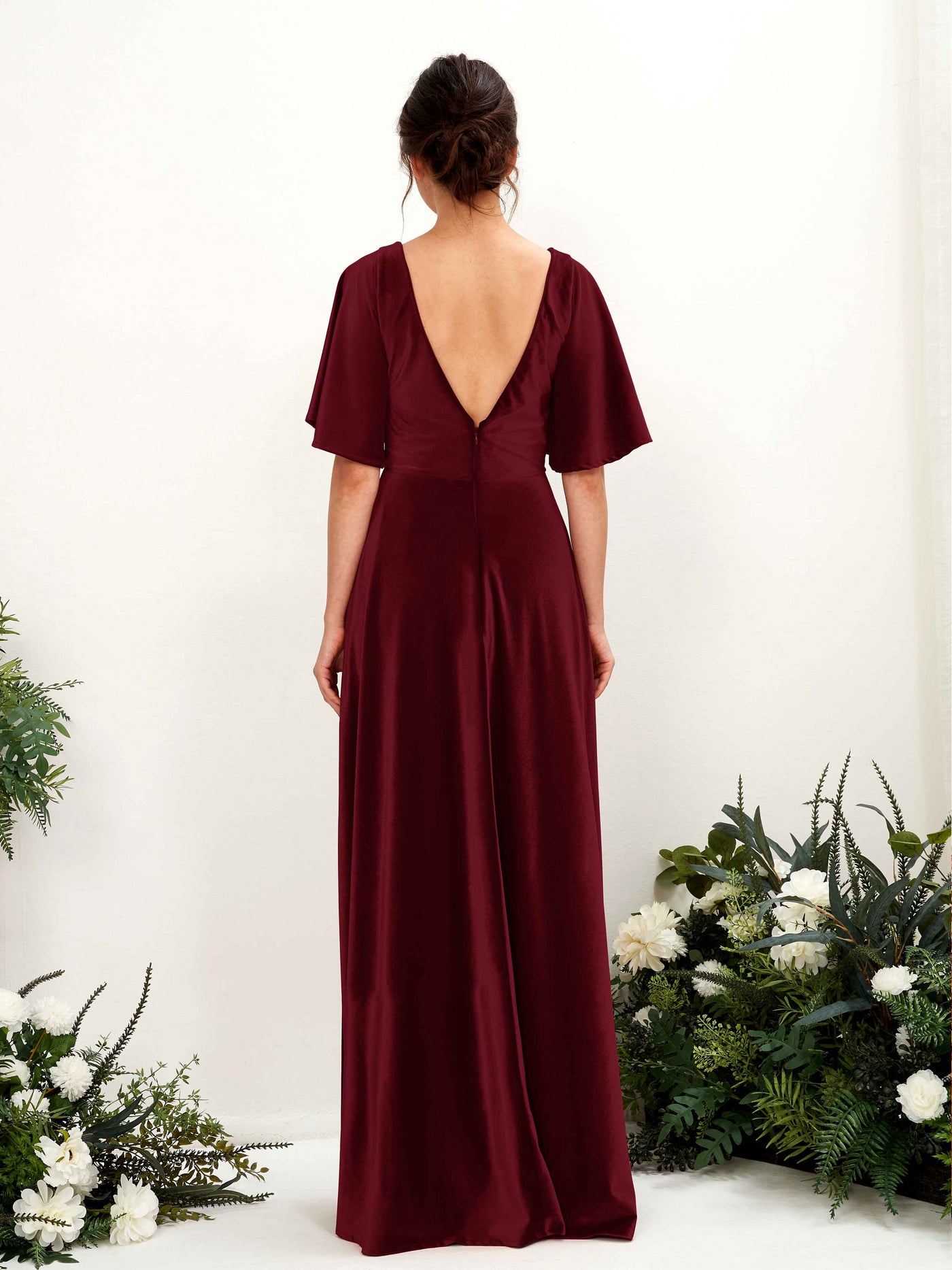 Carlyna Robe ras du sol encolure croisée manches papillon velours demoiselle d'honneur Bordeaux #couleur_bordeaux