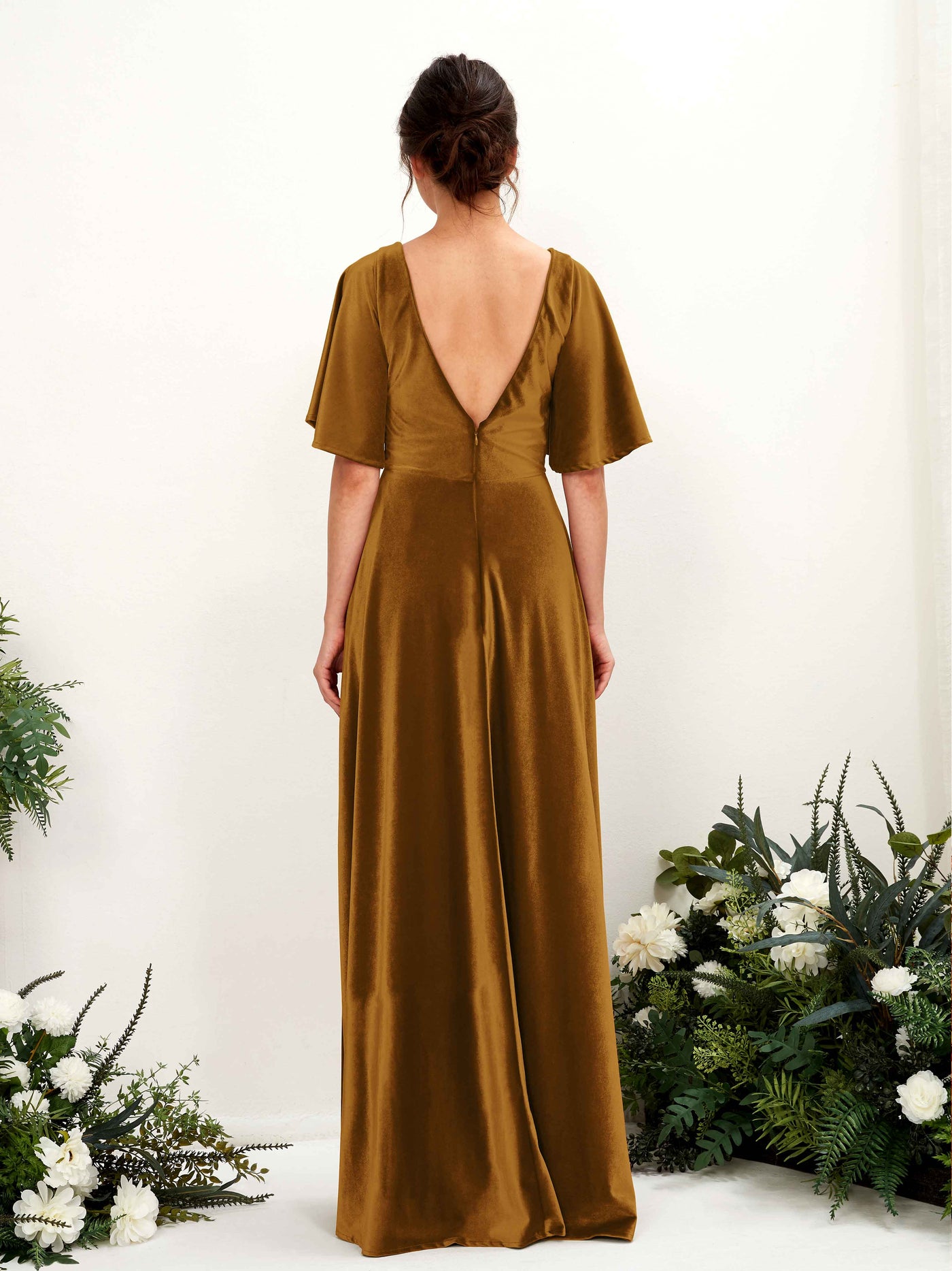Carlyna Robe ras du sol encolure croisée manches papillon velours demoiselle d'honneur Or Bruni #couleur_or-bruni