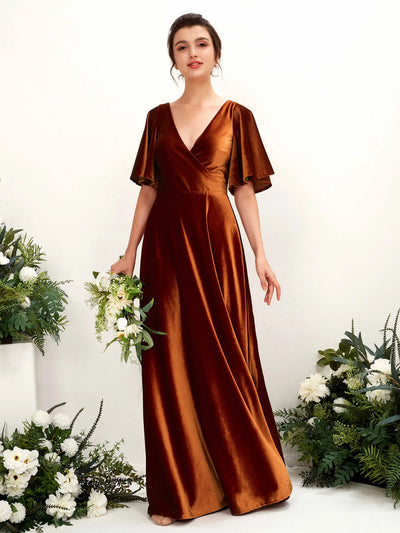 Carlyna Robe ras du sol encolure croisée manches papillon velours demoiselle d'honneur Orange Brûlé #couleur_orange-br-l