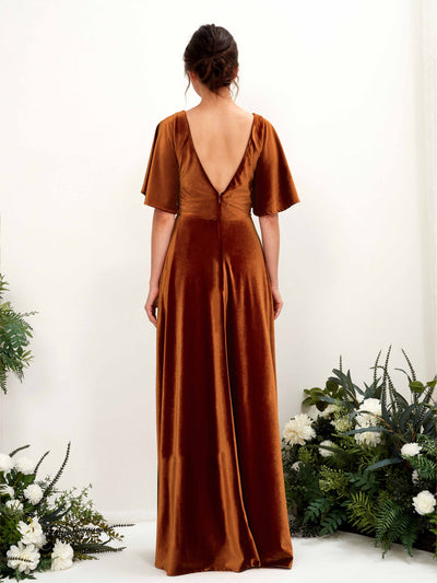 Carlyna Robe ras du sol encolure croisée manches papillon velours demoiselle d'honneur Orange Brûlé #couleur_orange-br-l