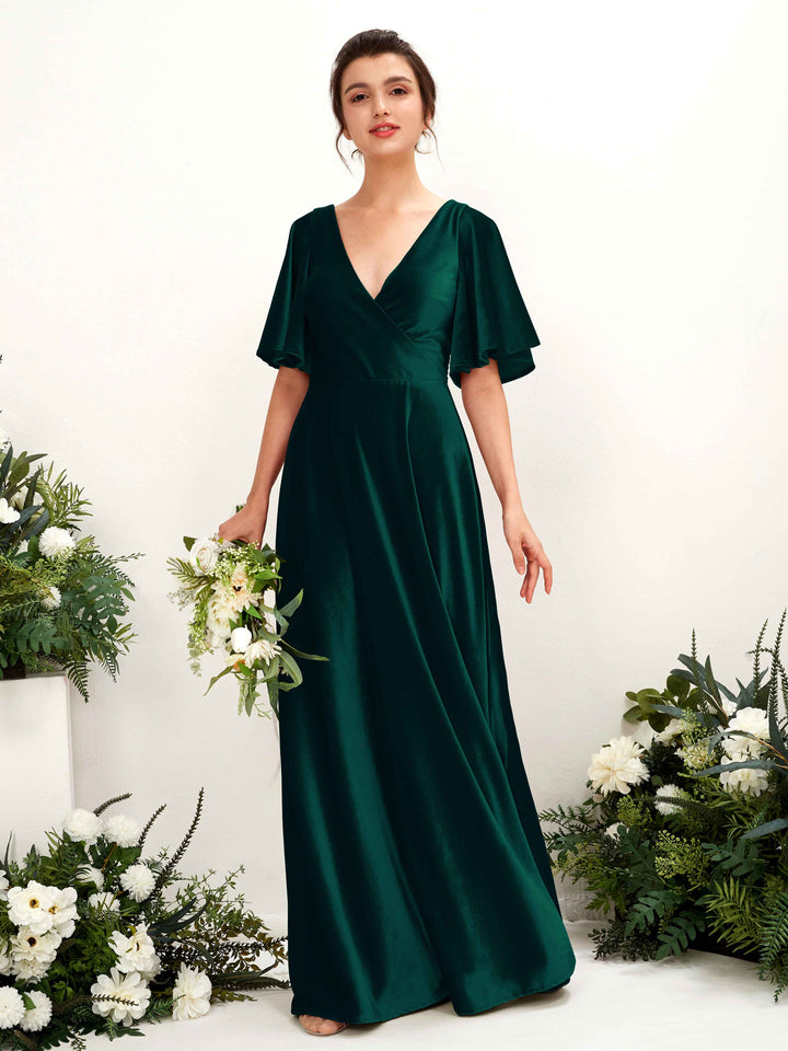 Carlyna Robe ras du sol encolure croisée manches papillon velours demoiselle d&