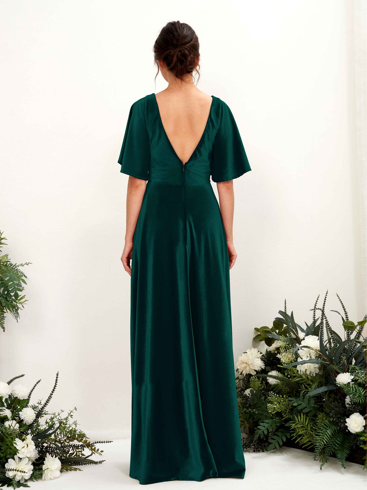 Carlyna Robe ras du sol encolure croisée manches papillon velours demoiselle d'honneur Vert Chasseur #couleur_vert-chasseur