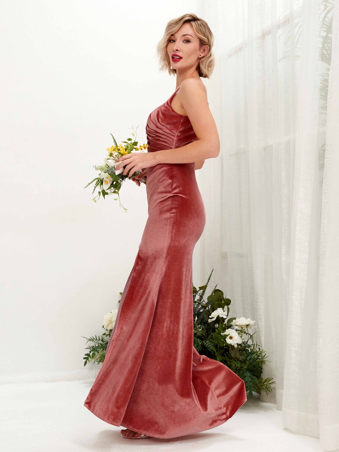 Carlyna Robe sirène Col V Bretelles spaghetti Demoiselle d'honneur Rose Poussiéreux #couleur_rose-poussi-reux