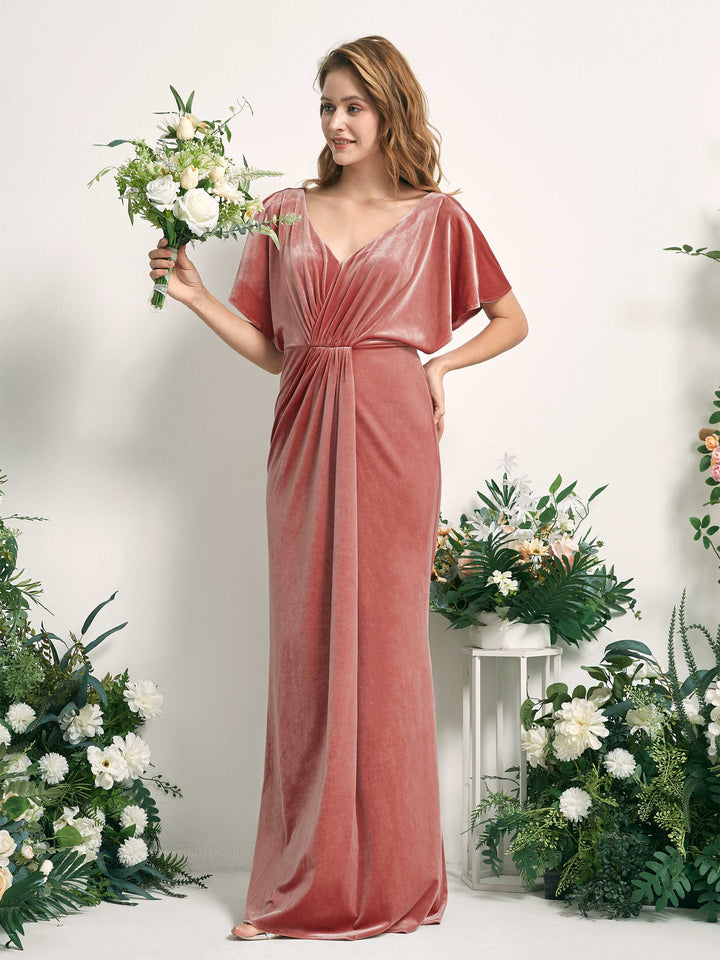 Carlyna Robe sirène col V froncée manches papillon velours longueur ras du sol Rose Poussiéreux 