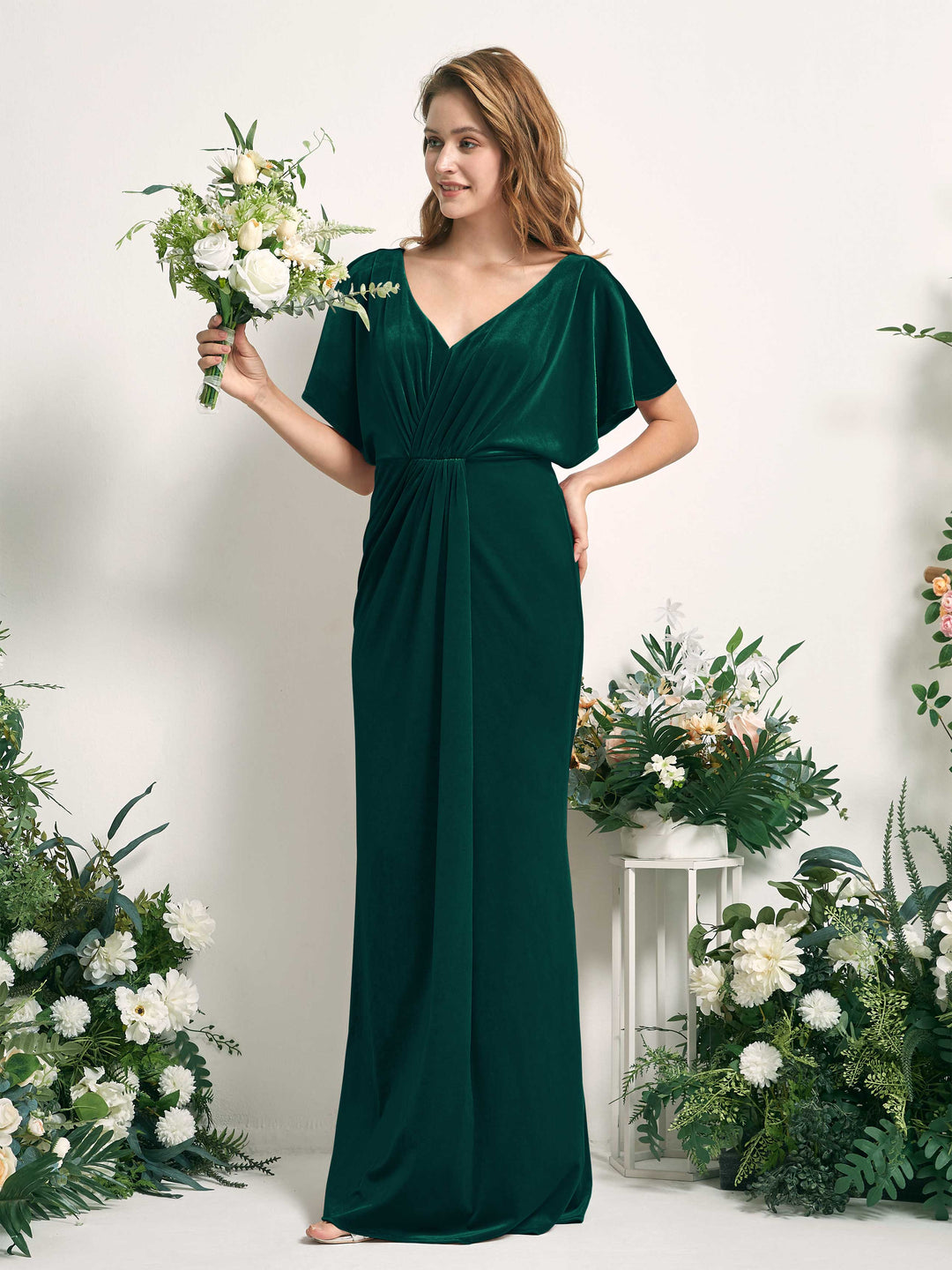 Carlyna Robe sirène col V froncée manches papillon velours longueur ras du sol Vert Chasseur 