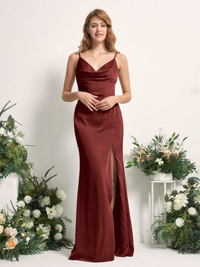 Carlyna Robe sirène Col V Longueur ras du sol Satin pour demoiselles d'honneur Bordeaux #couleur_bordeaux
