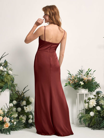 Carlyna Robe sirène Col V Longueur ras du sol Satin pour demoiselles d'honneur Bordeaux #couleur_bordeaux