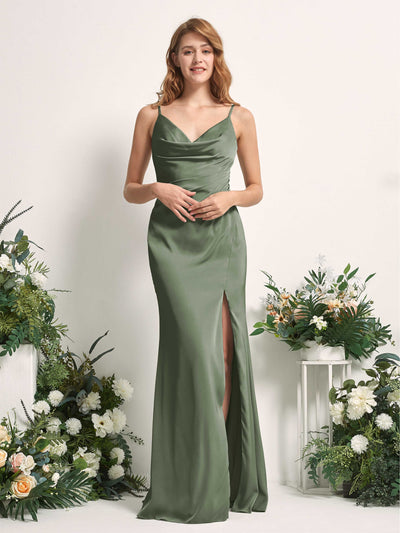 Carlyna Robe sirène Col V Longueur ras du sol Satin pour demoiselles d'honneur Olive #couleur_olive