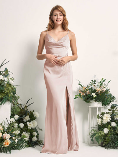 Carlyna Robe sirène Col V Longueur ras du sol Satin pour demoiselles d'honneur Rose Perle #couleur_rose-perle