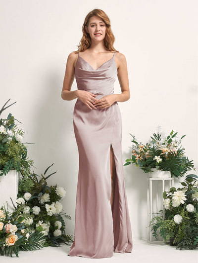 Carlyna Robe sirène Col V Longueur ras du sol Satin pour demoiselles d'honneur Rose Poussiéreux #couleur_rose-poussi-reux