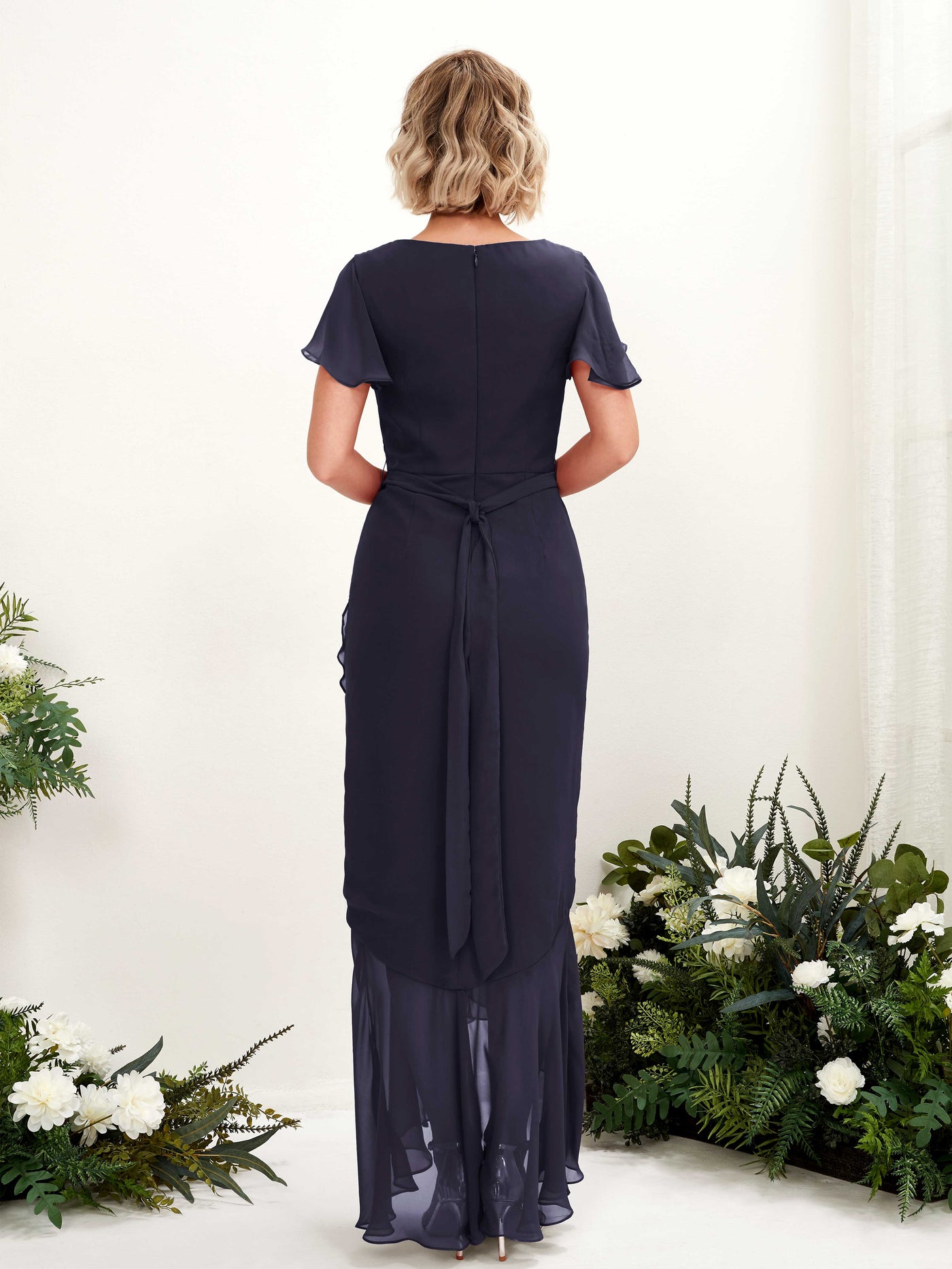 Carlyna Robe sirène col V manches papillon longueur sol Bleu Marine Foncé #couleur_bleu-marine-fonc
