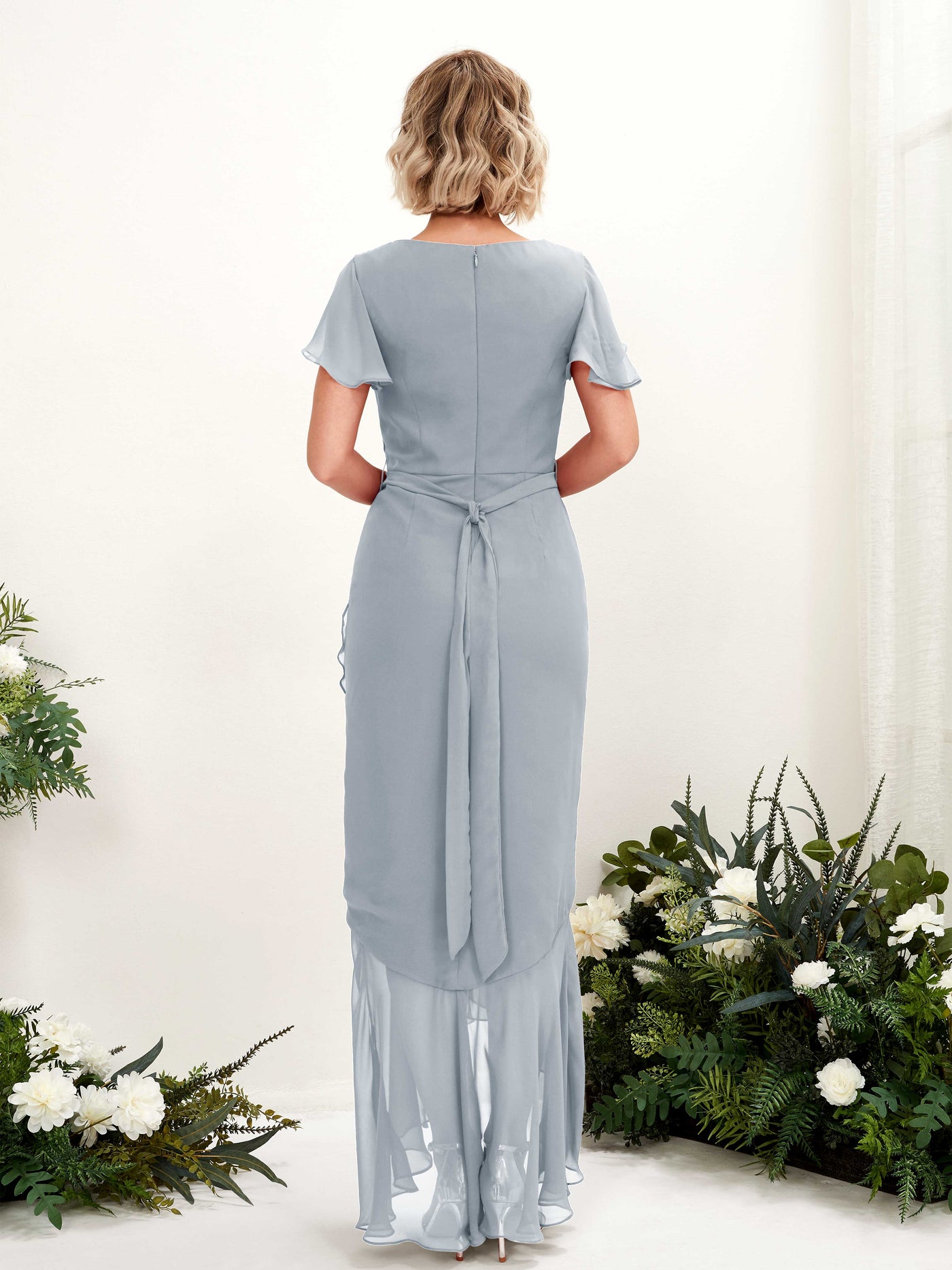 Carlyna Robe sirène col V manches papillon longueur sol Bleu Poussiéreux Amélioré #couleur_bleu-poussi-reux-am-lior