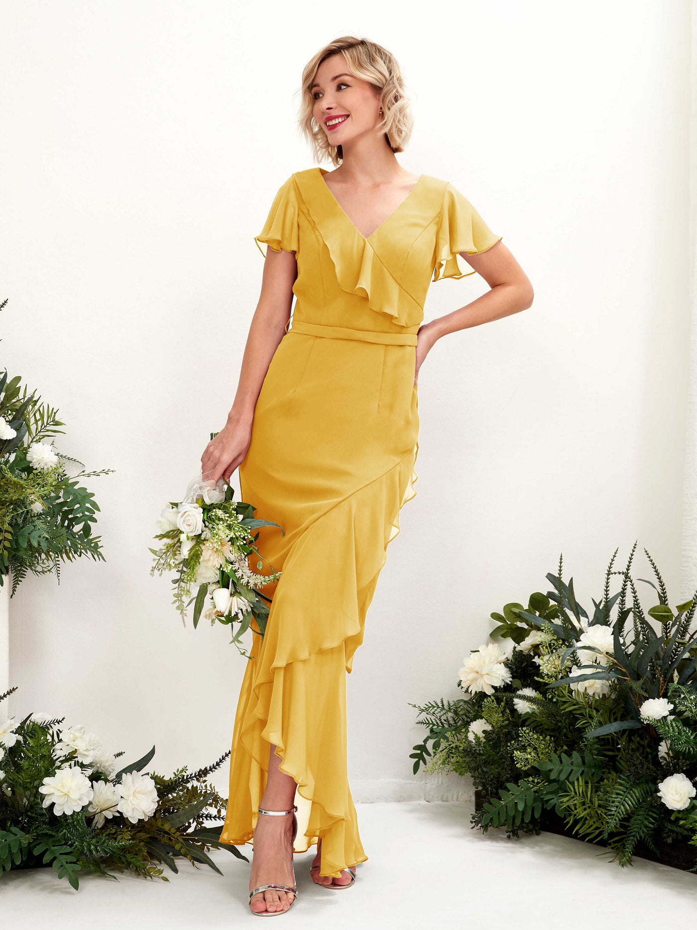 Carlyna Robe sirène col V manches papillon longueur sol Jaune Moutard #couleur_jaune-moutard