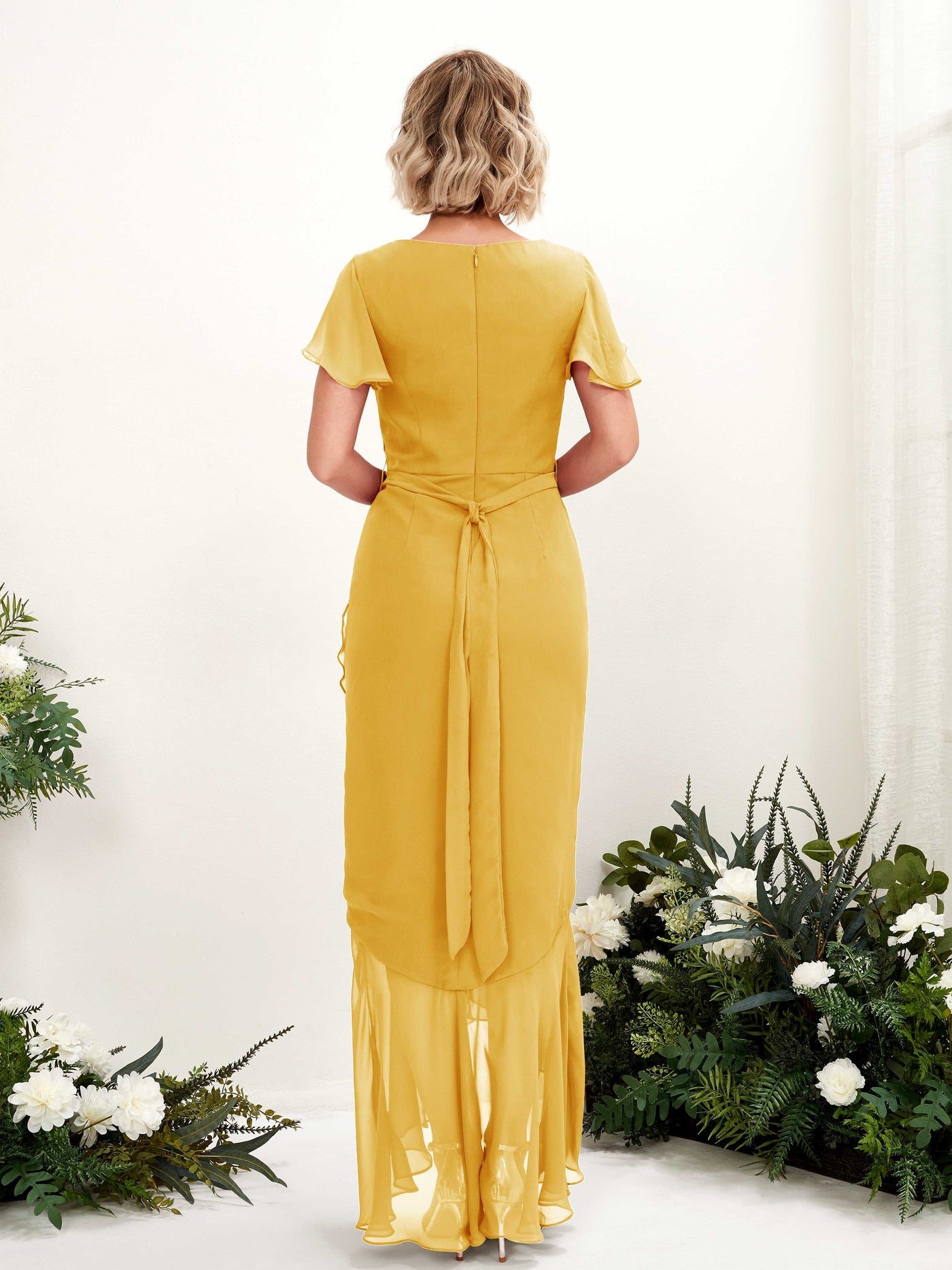 Carlyna Robe sirène col V manches papillon longueur sol Jaune Moutard #couleur_jaune-moutard