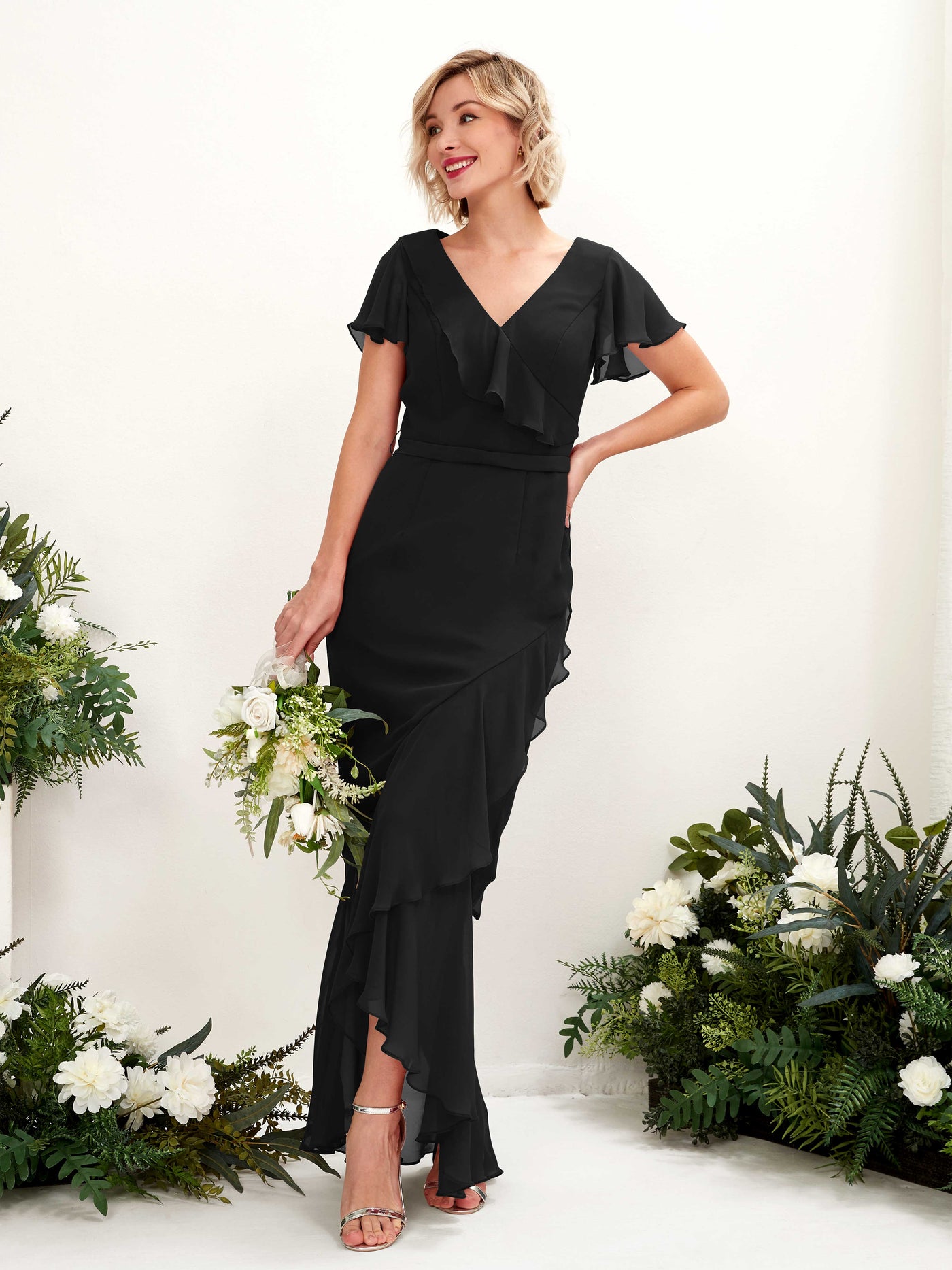 Carlyna Robe sirène col V manches papillon longueur sol Noir #couleur_noir