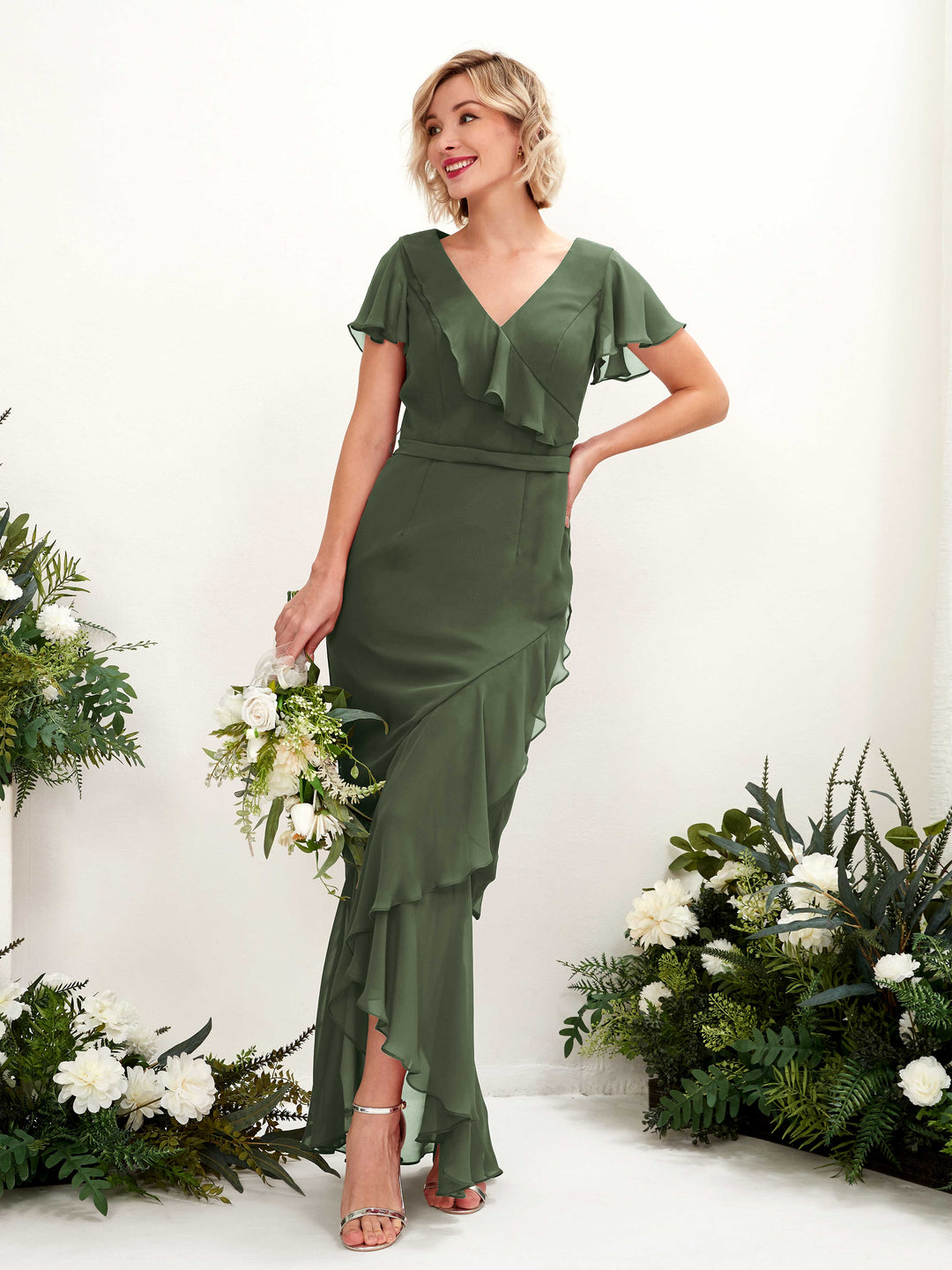 Carlyna Robe sirène col V manches papillon longueur sol Olive Martini 