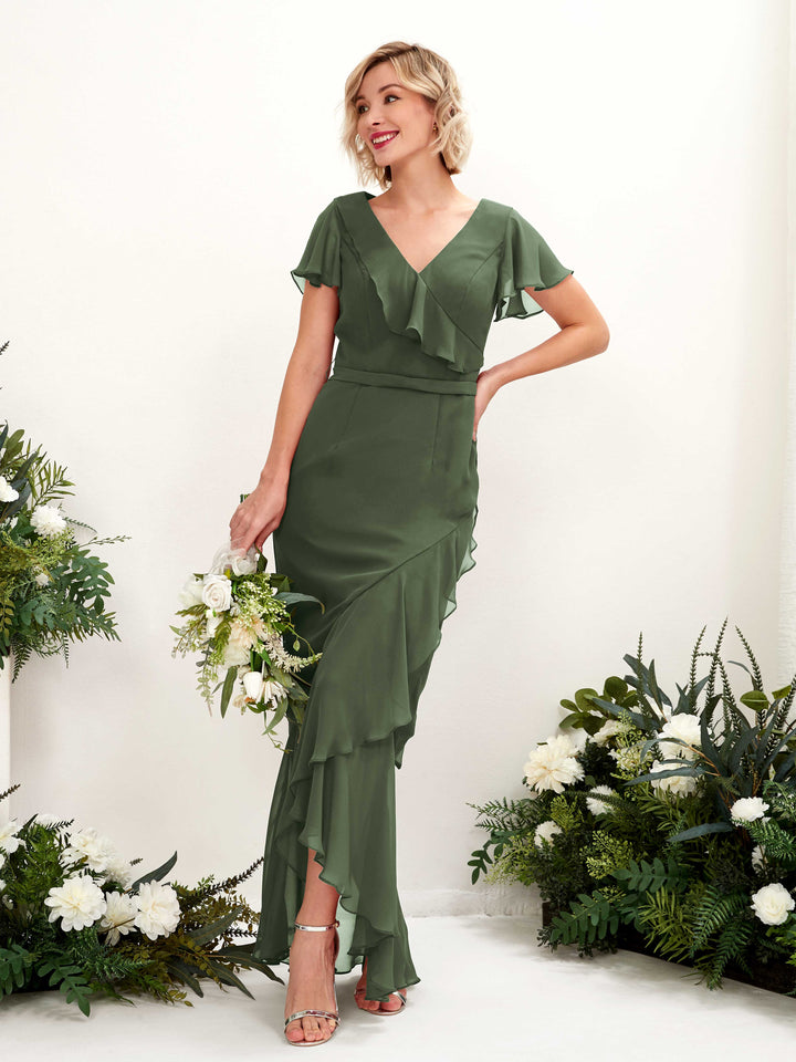 Carlyna Robe sirène col V manches papillon longueur sol Olive Martini 