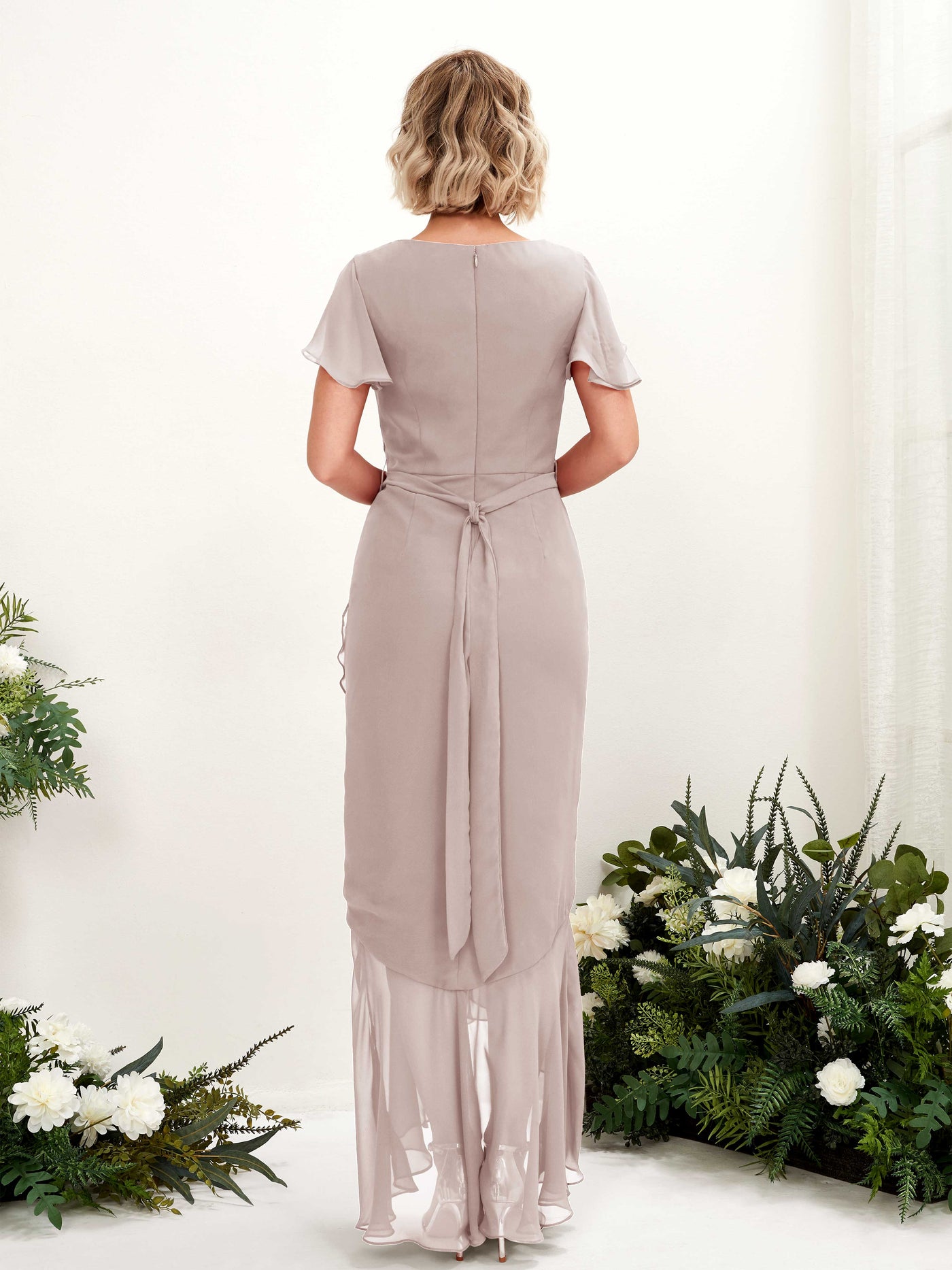 Carlyna Robe sirène col V manches papillon longueur sol Taupe #couleur_taupe