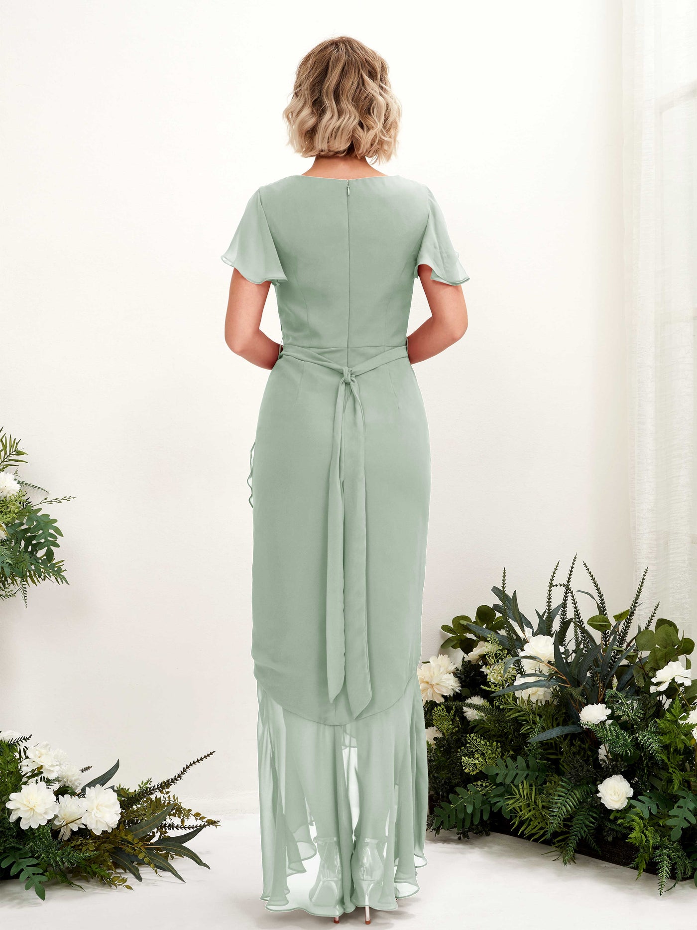 Carlyna Robe sirène col V manches papillon longueur sol Vert Sauge Foncé #couleur_vert-sauge-fonc