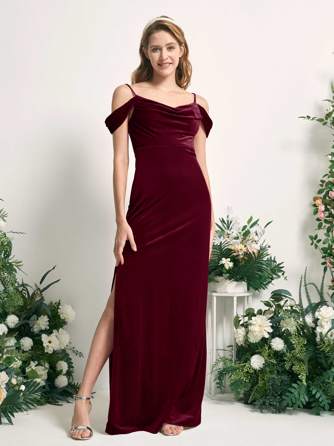 Carlyna Robe sirène épaule dénudée longueur ras du sol velours fente robes de demoiselle d&