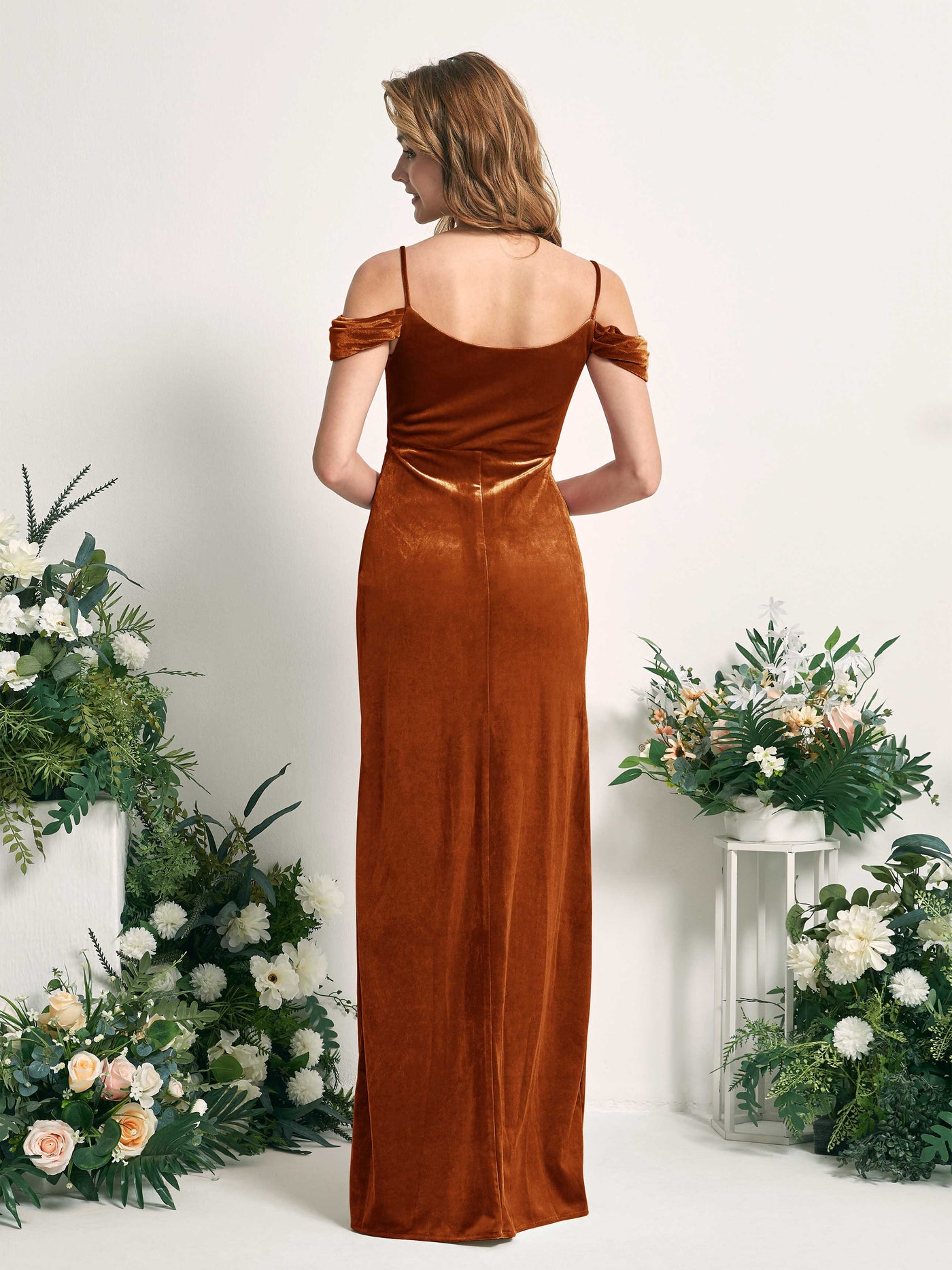 Carlyna Robe sirène épaule dénudée longueur ras du sol velours fente robes de demoiselle d'honneur Orange Brûlé #couleur_orange-br-l