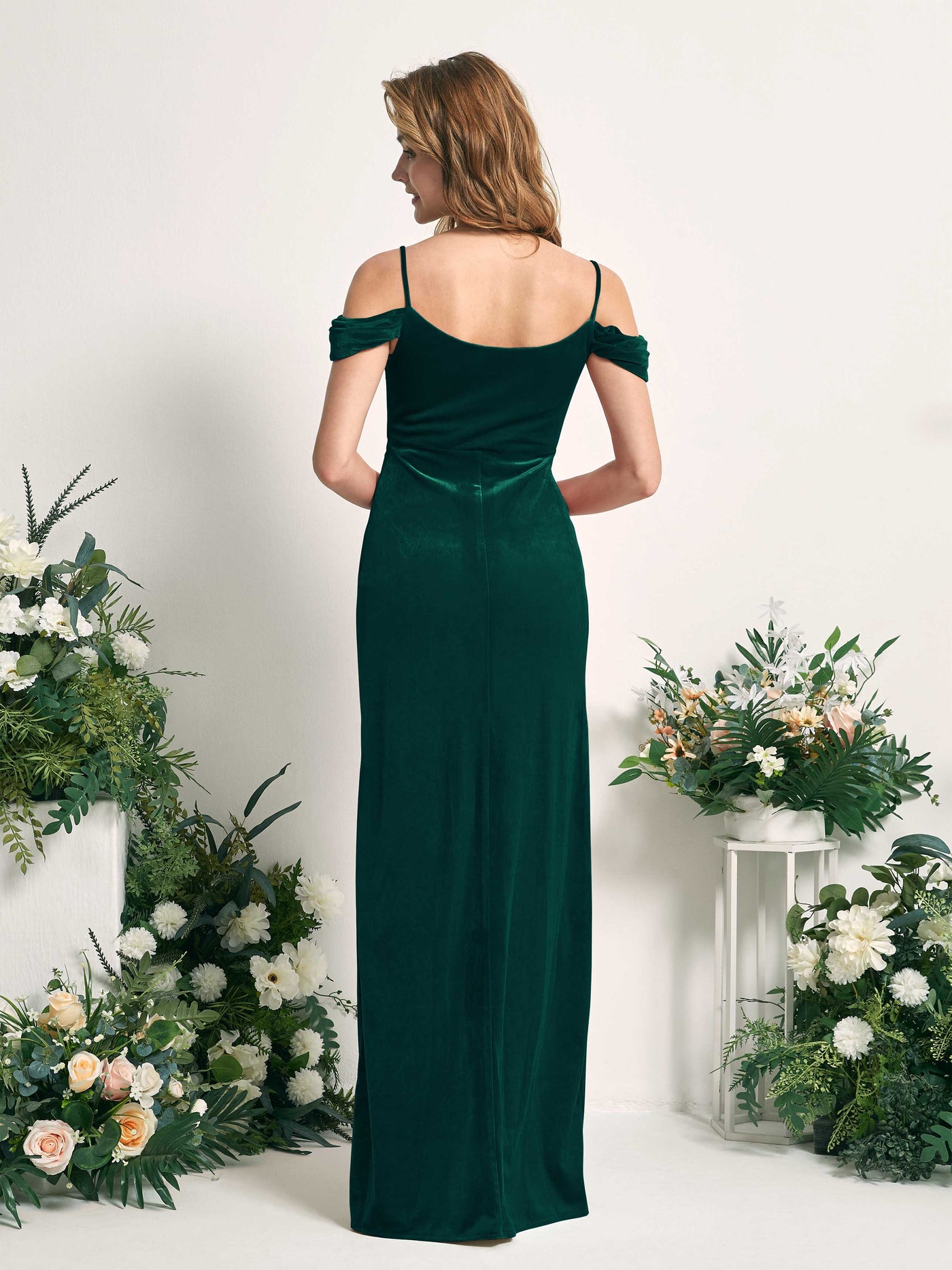 Carlyna Robe sirène épaule dénudée longueur ras du sol velours fente robes de demoiselle d'honneur Vert Chasseur #couleur_vert-chasseur