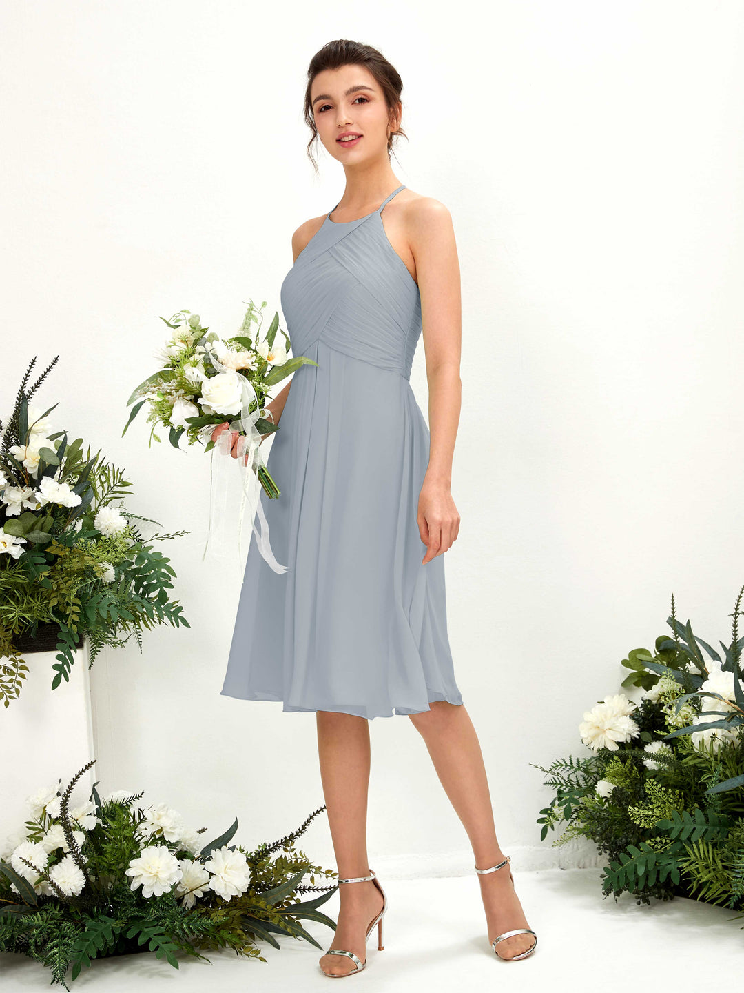 Carlyna Robe trapèze à col rond en mousseline longueur genou robe de demoiselle d&