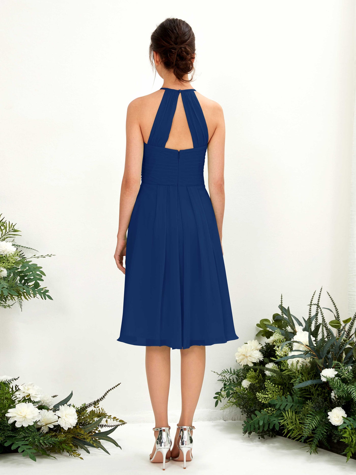 Carlyna Robe trapèze à col rond en mousseline longueur genou robe de demoiselle d'honneur Bleu Roi #couleur_bleu-roi