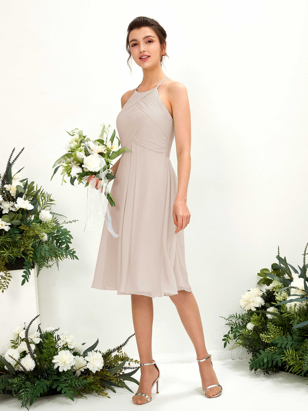Carlyna Robe trapèze à col rond en mousseline longueur genou robe de demoiselle d&