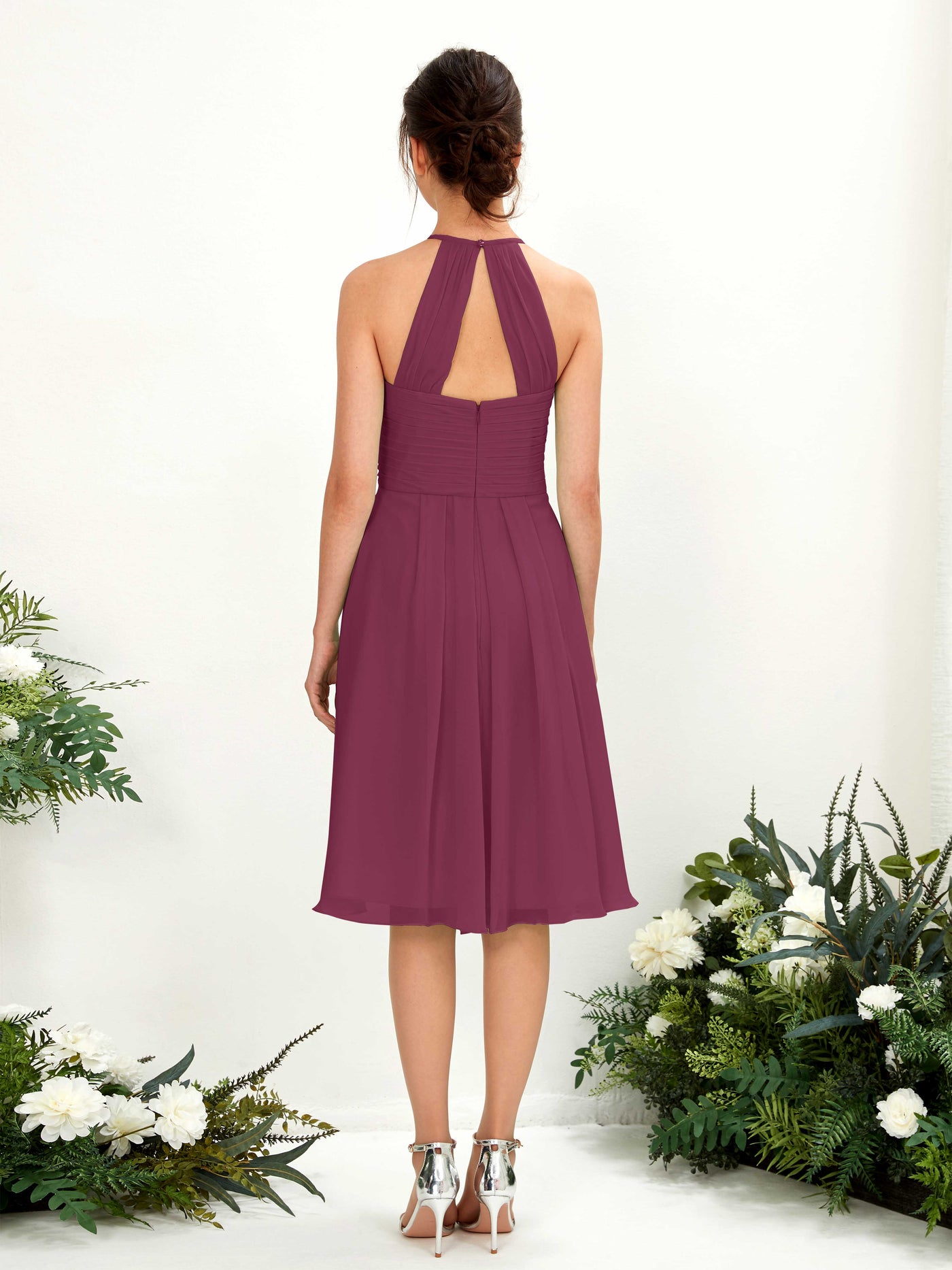 Carlyna Robe trapèze à col rond en mousseline longueur genou robe de demoiselle d'honneur Chianti #couleur_chianti