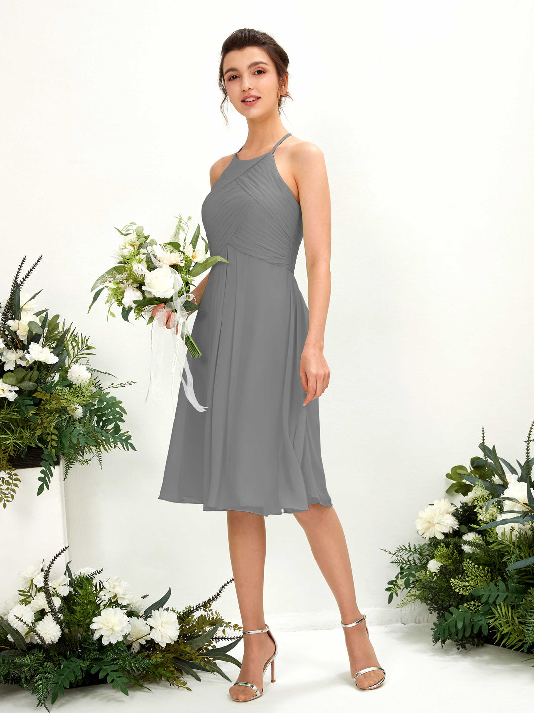 Carlyna Robe trapèze à col rond en mousseline longueur genou robe de demoiselle d&