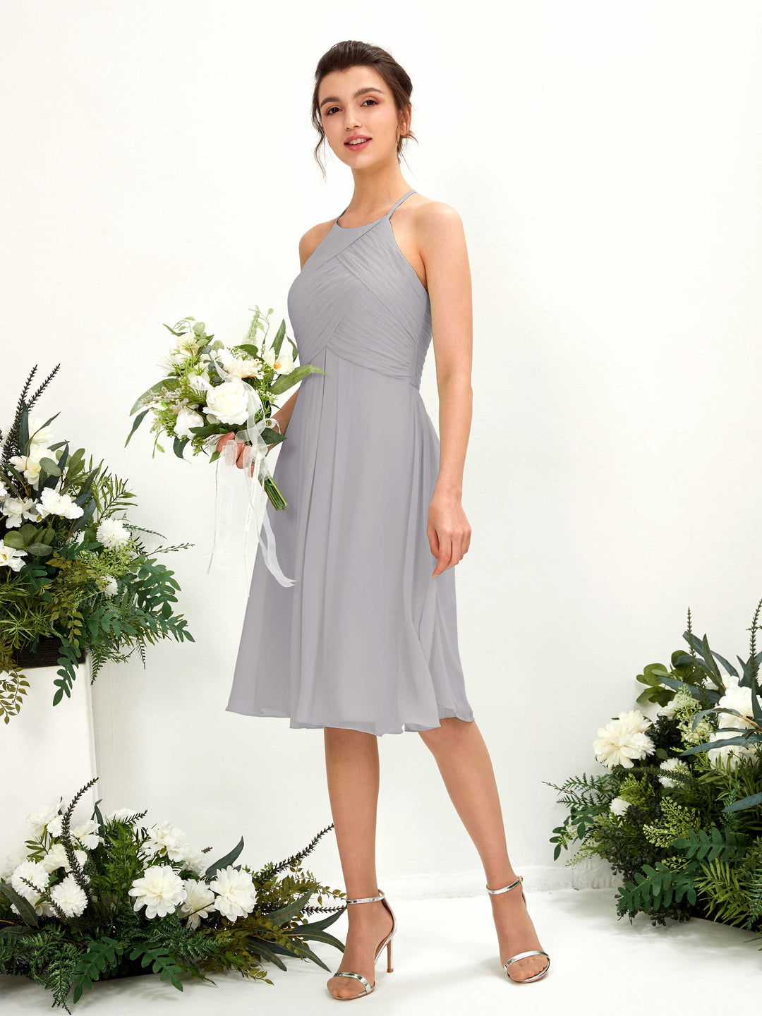 Carlyna Robe trapèze à col rond en mousseline longueur genou robe de demoiselle d&