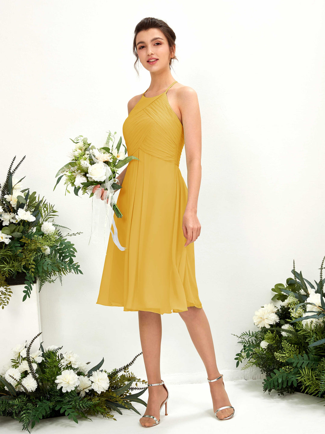Carlyna Robe trapèze à col rond en mousseline longueur genou robe de demoiselle d&