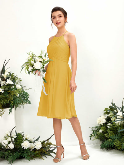 Carlyna Robe trapèze à col rond en mousseline longueur genou robe de demoiselle d'honneur Jaune Moutard #couleur_jaune-moutard