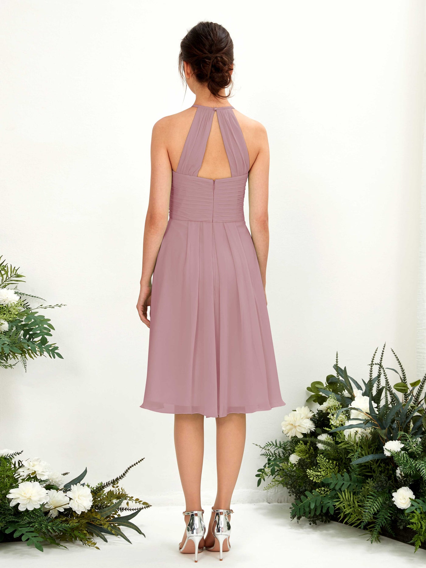 Carlyna Robe trapèze à col rond en mousseline longueur genou robe de demoiselle d'honneur Mauve Vintage #couleur_mauve-vintage
