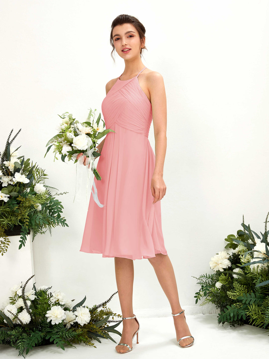 Carlyna Robe trapèze à col rond en mousseline longueur genou robe de demoiselle d&