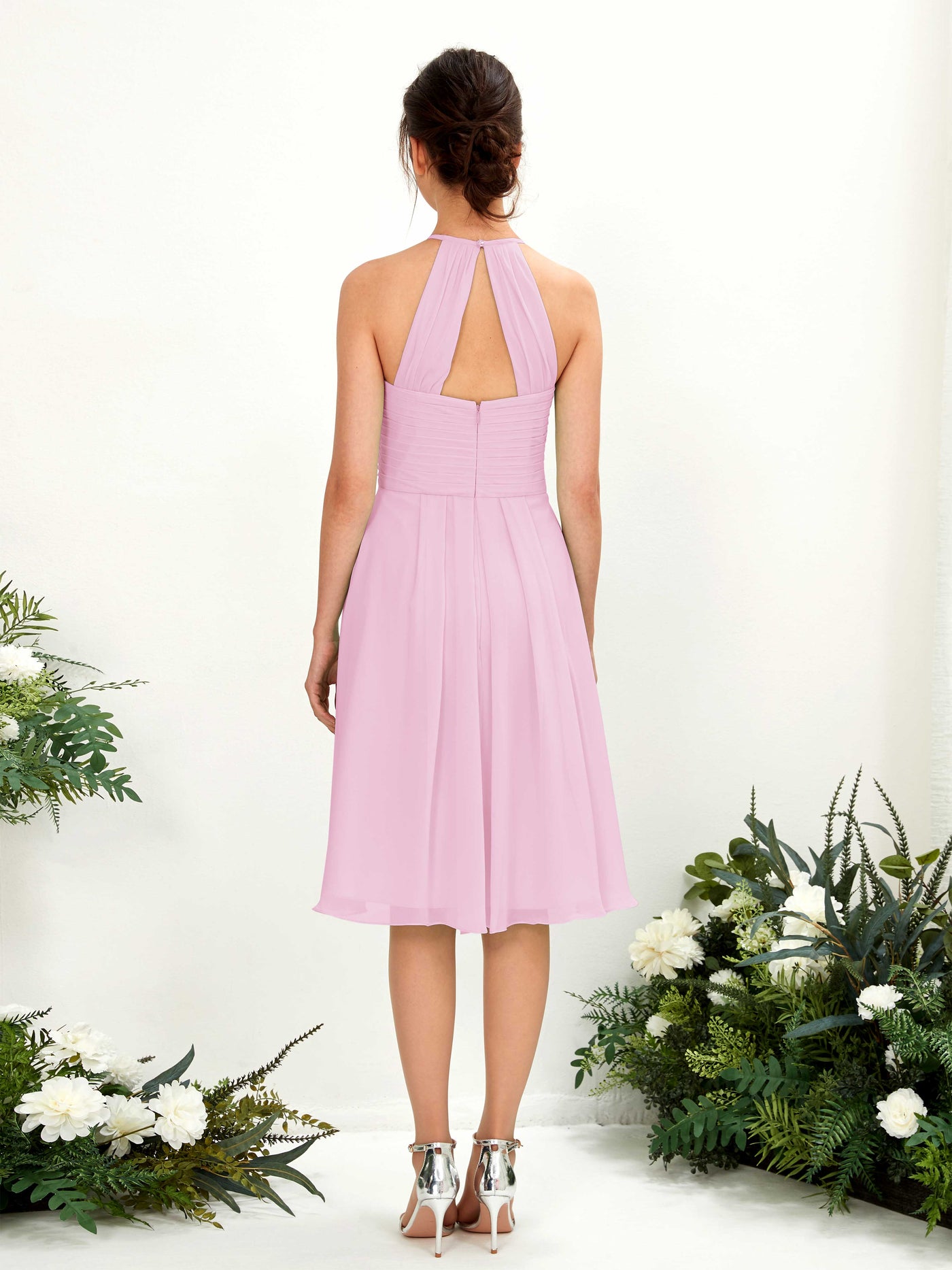 Carlyna Robe trapèze à col rond en mousseline longueur genou robe de demoiselle d'honneur Rose Bonbon #couleur_rose-bonbon