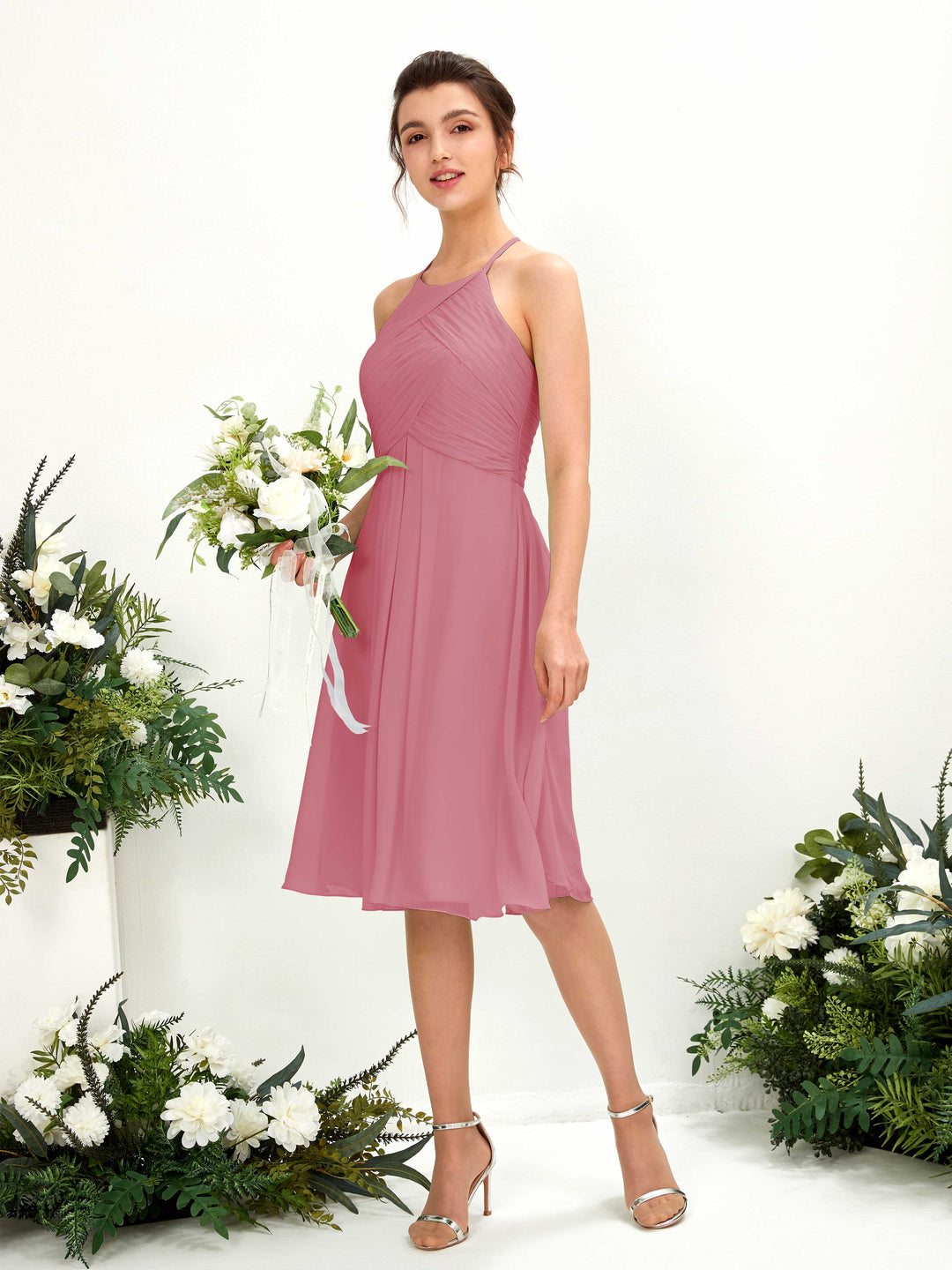 Carlyna Robe trapèze à col rond en mousseline longueur genou robe de demoiselle d&
