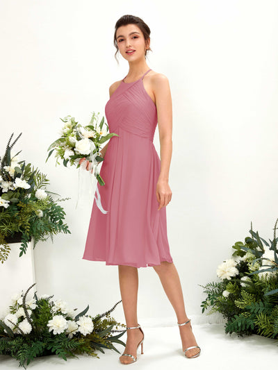 Carlyna Robe trapèze à col rond en mousseline longueur genou robe de demoiselle d'honneur Rose Du Désert #couleur_rose-du-d-sert