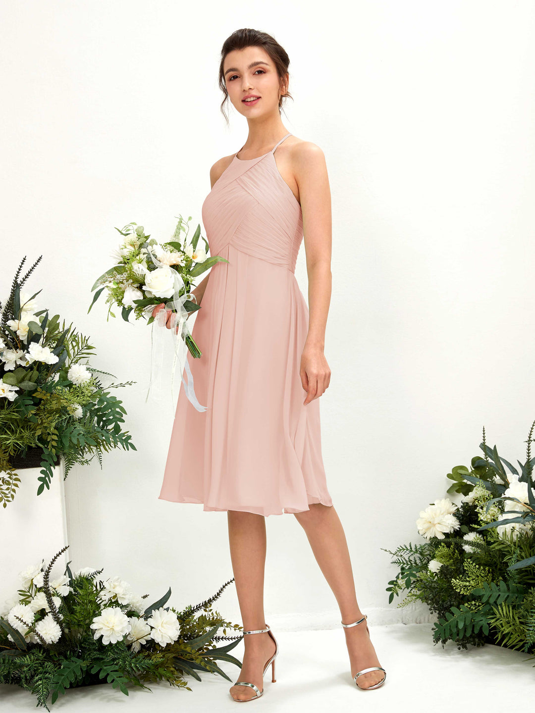 Carlyna Robe trapèze à col rond en mousseline longueur genou robe de demoiselle d&