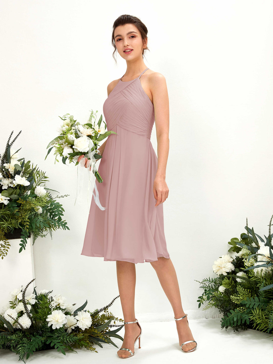 Carlyna Robe trapèze à col rond en mousseline longueur genou robe de demoiselle d&