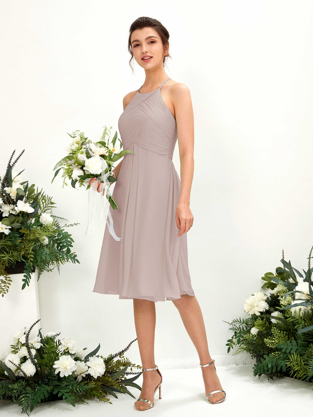 Carlyna Robe trapèze à col rond en mousseline longueur genou robe de demoiselle d&