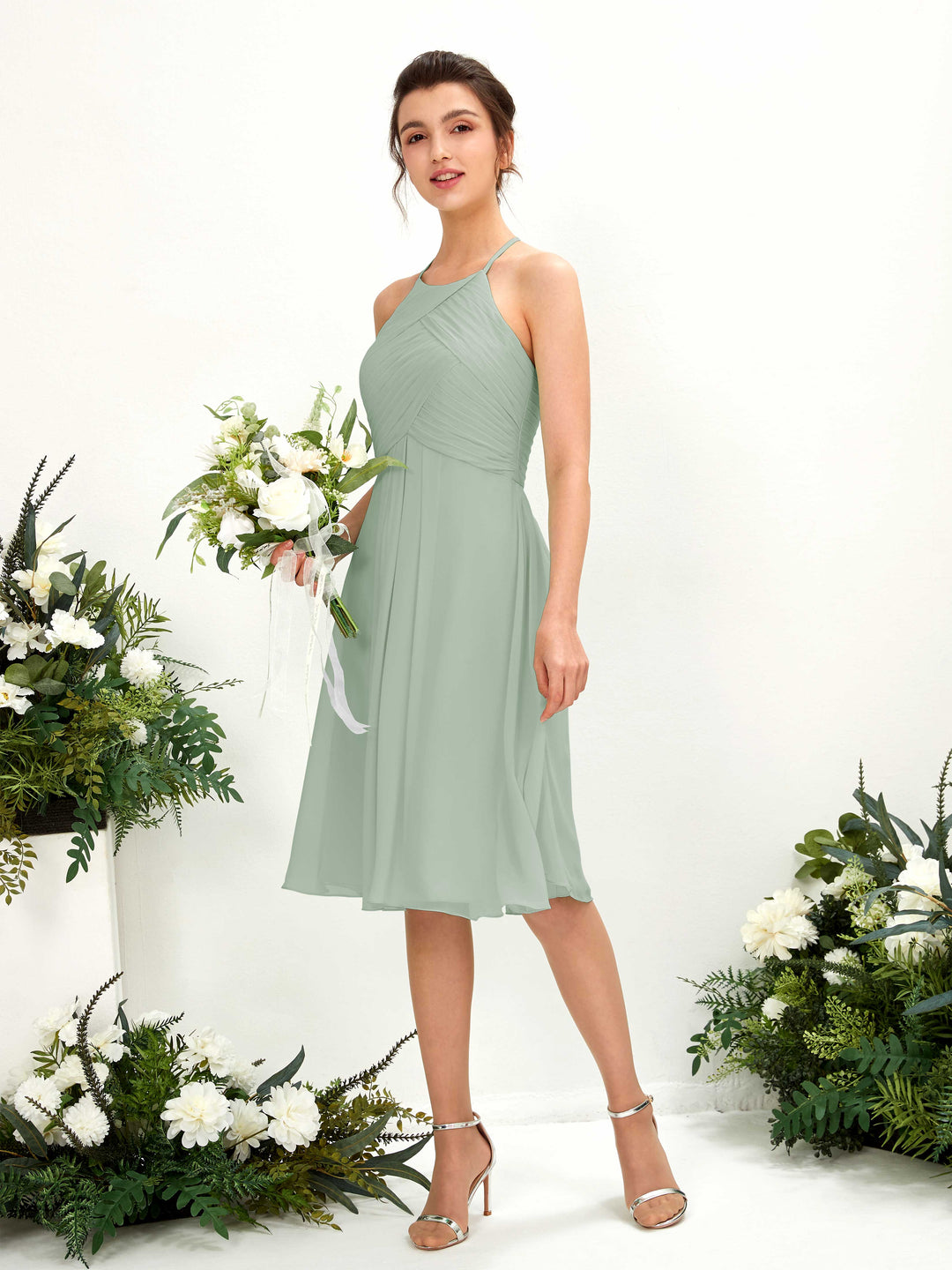 Carlyna Robe trapèze à col rond en mousseline longueur genou robe de demoiselle d&
