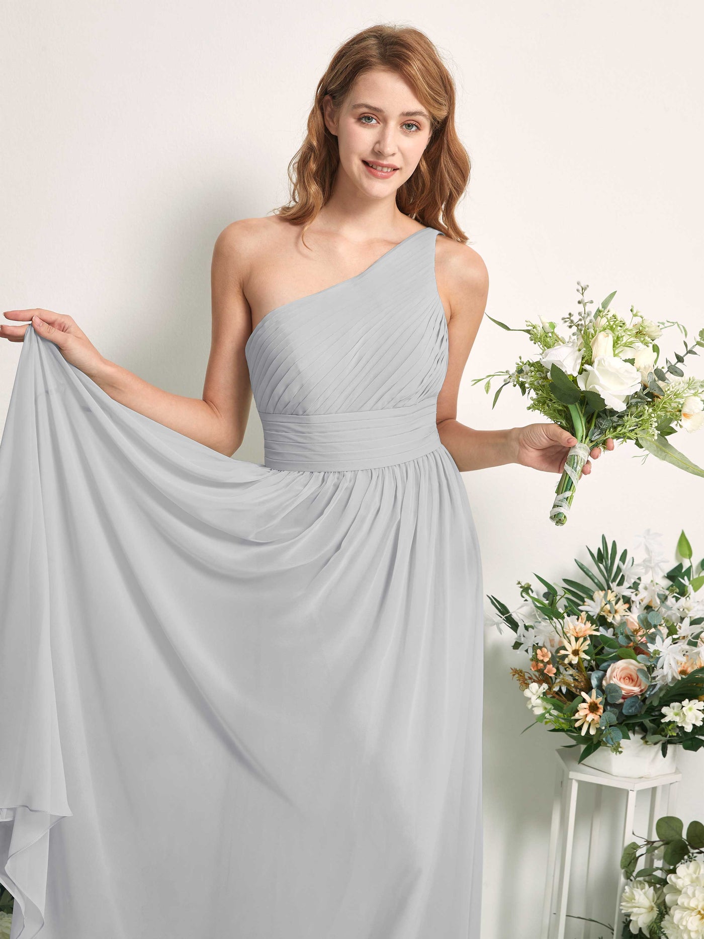 Carlyna Robe Trapèze Asymétrique Longueur ras du sol Mousseline Demoiselle d'honneur Argent #couleur_argent