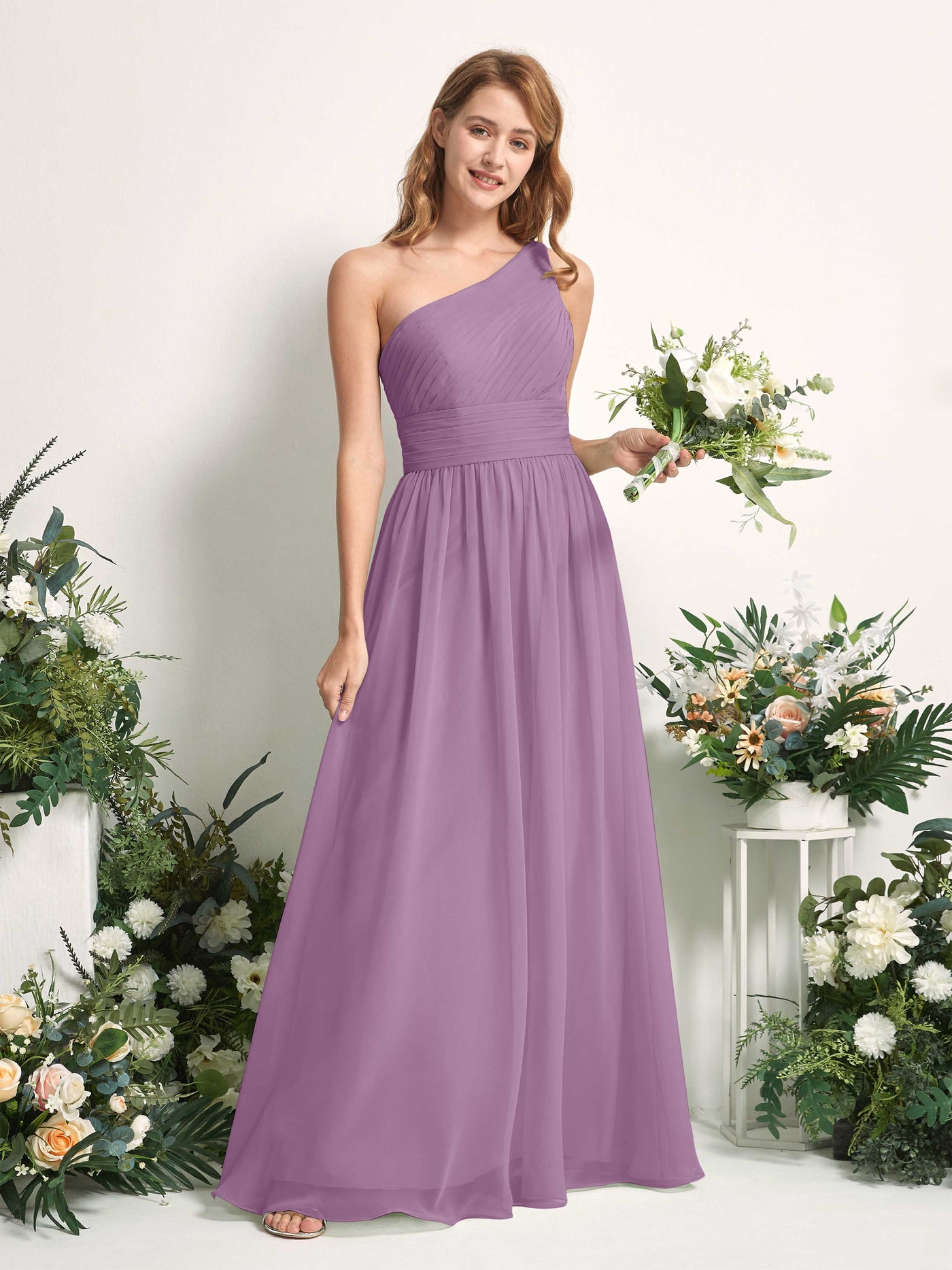 Carlyna Robe Trapèze Asymétrique Longueur ras du sol Mousseline Demoiselle d'honneur Brume Orchidée #couleur_brume-orchid-e